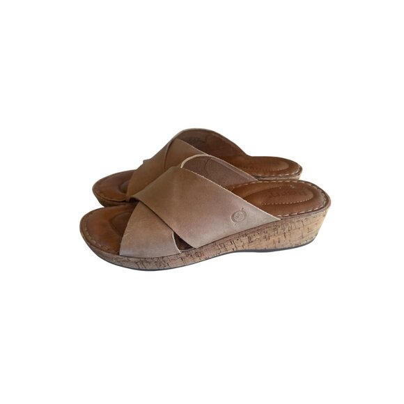 Born Womens Leather Wedge Sandals SLides Size 9/40.5 MW Tan - Picture 2 of 6